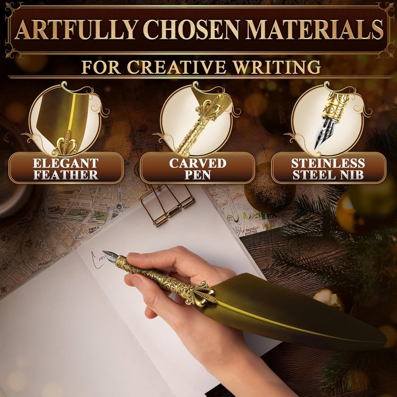 Kotko Antique Feather Quill Pen and Ink Set – Stand & Gift Box, Golden Writing Quill and Ink Set with 5 Nibs, Patterned Anti-Slip Grip – Stainless Steel Dip Pen for Signing & Writing | Calligraphy Gift - Image 3